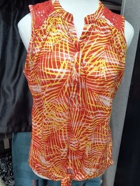 Inspire Red & Yellow Tropical Crochet-Shoulder Tank, Medium